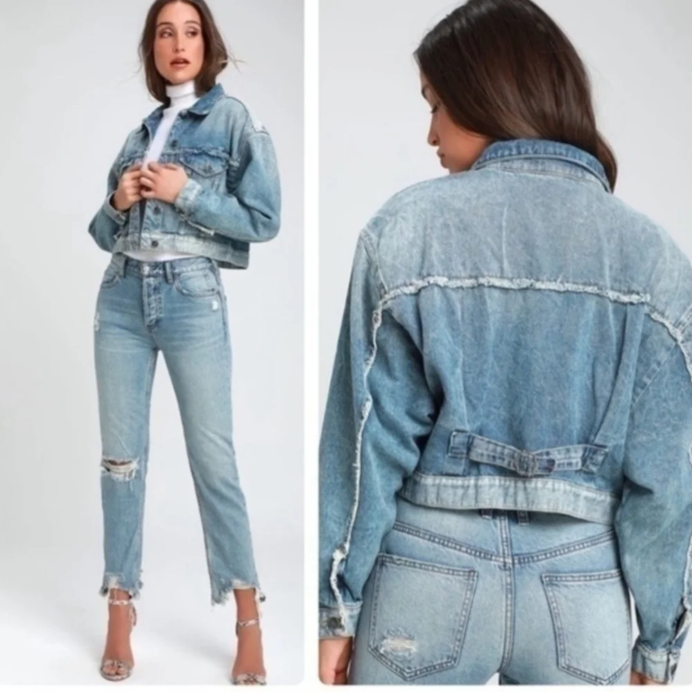 Free People Bedford Blue Denim Cropped Jean Jacket Women size S - Picture 2 of 15